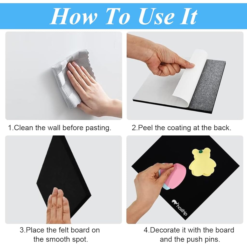 HASTHIP® 6Pcs Felt Bulletin Board, 11.8x11.8inch Self-Adhesive Wall Boards with 50pcs Drawing Pins, Felt Message Board for Paste Notes, Photos, Schedules (Black)