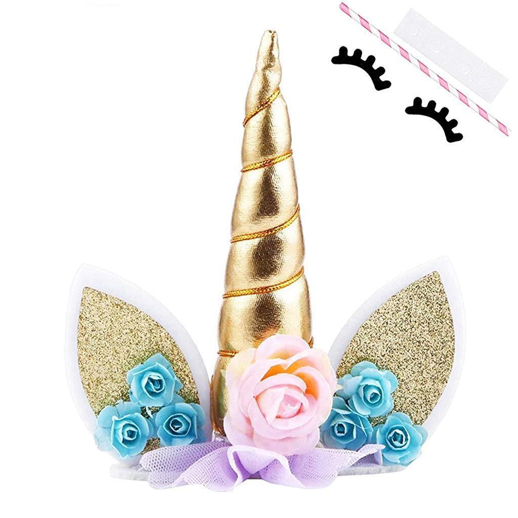 HASTHIP Unicorn Cake Topper for Birthday Decoration with 5.8 in Gold Horn and Felt Ears | Reusable Non Toxic Set