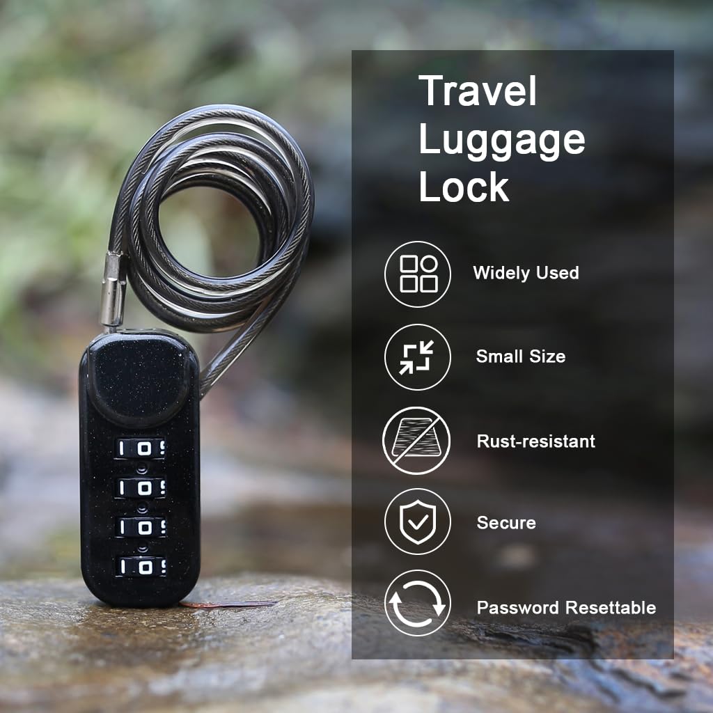 HASTHIP Metal Coil Cable Lock for Bike and Luggage featuring 1.2m Cable and 4 Digit Combo | Keyless Portable Security