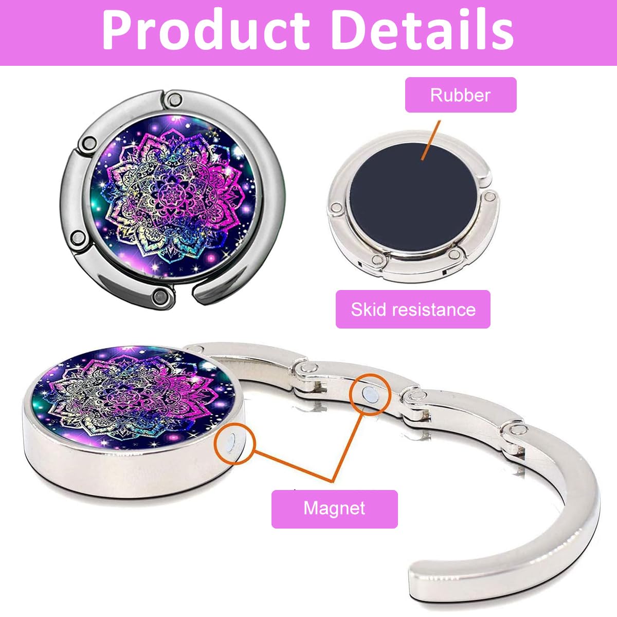 HASTHIP® 3Pcs Desk Bag Hanger Aesthetic Mandala Metal Bag Hanger Portable Folding Bag Ring Hanger for Table, Office Desk Aluminum Alloy Removable Hooks for Bags, Handbag, Backpack