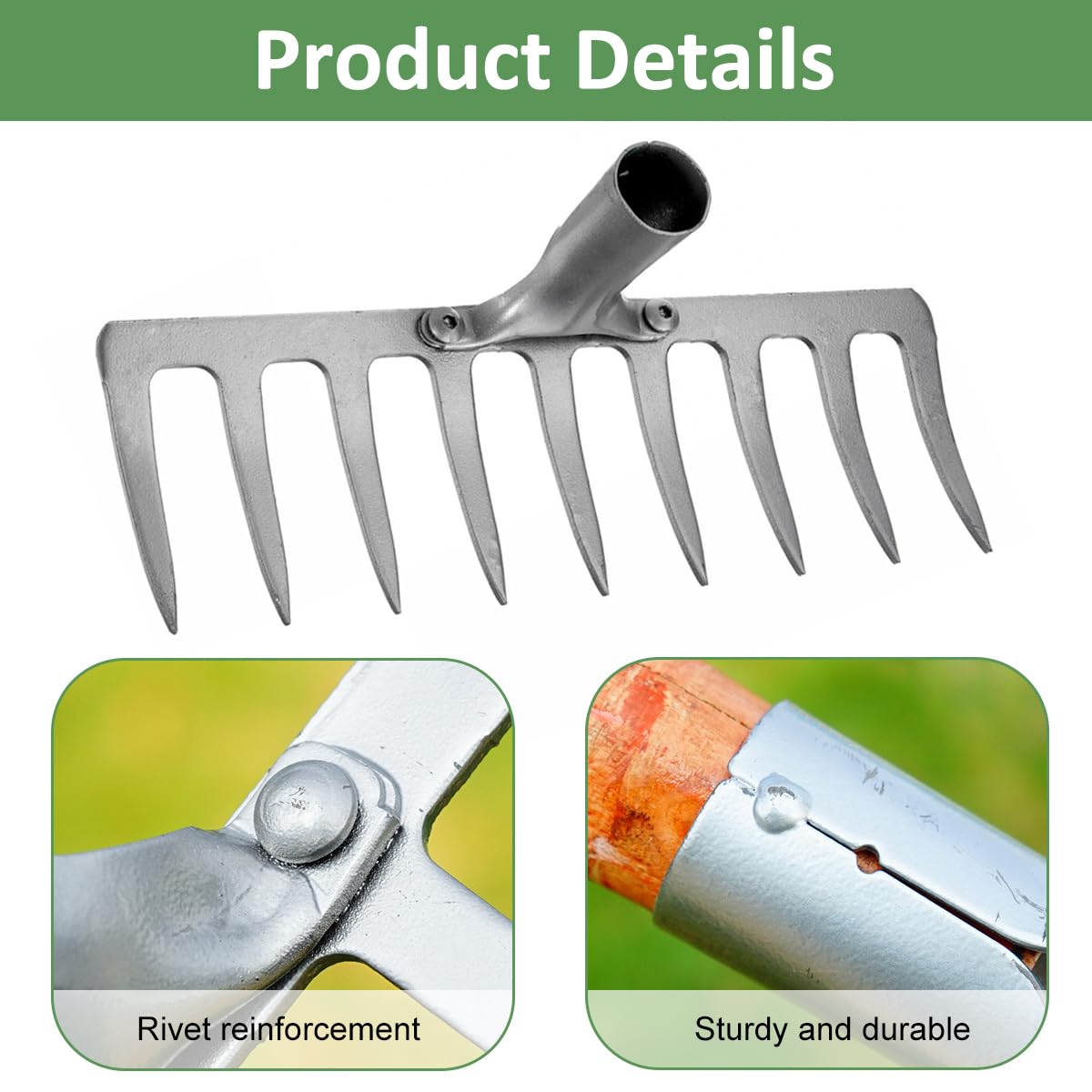 HASTHIP Garden Rake Head for Lawn and Soil Work with 9 Teeth and 37cm Rust‑Resistant Steel