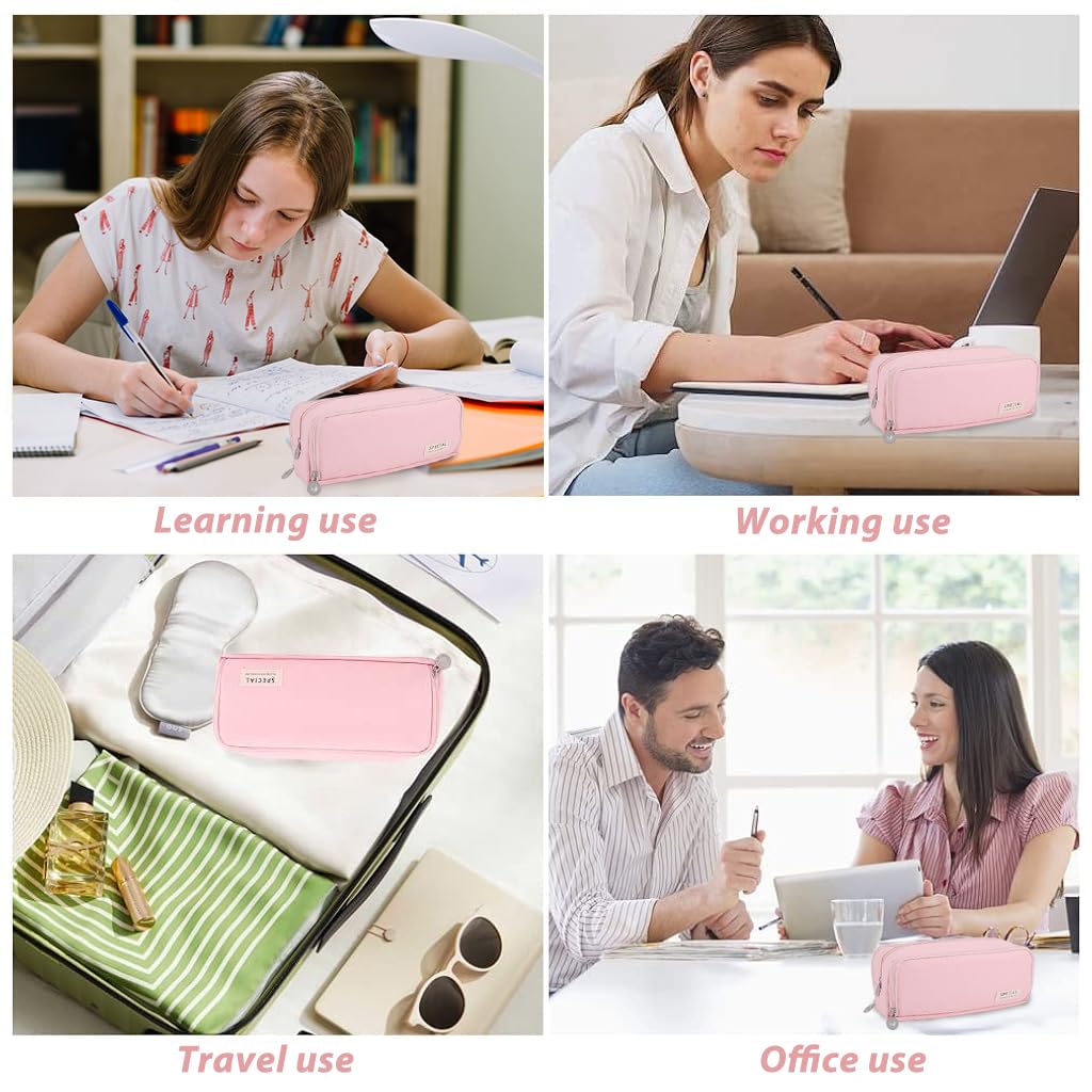 HASTHIP® Large Pencil Pouch with 8 Elastic Pen Sleeves, 3-Zipper Oxford Pencil Box, Pencil Pouch for Girls Aesthetic for School, Office, Makeup or Toiletries, 23.5x6.5x9.5 cm (Pink)