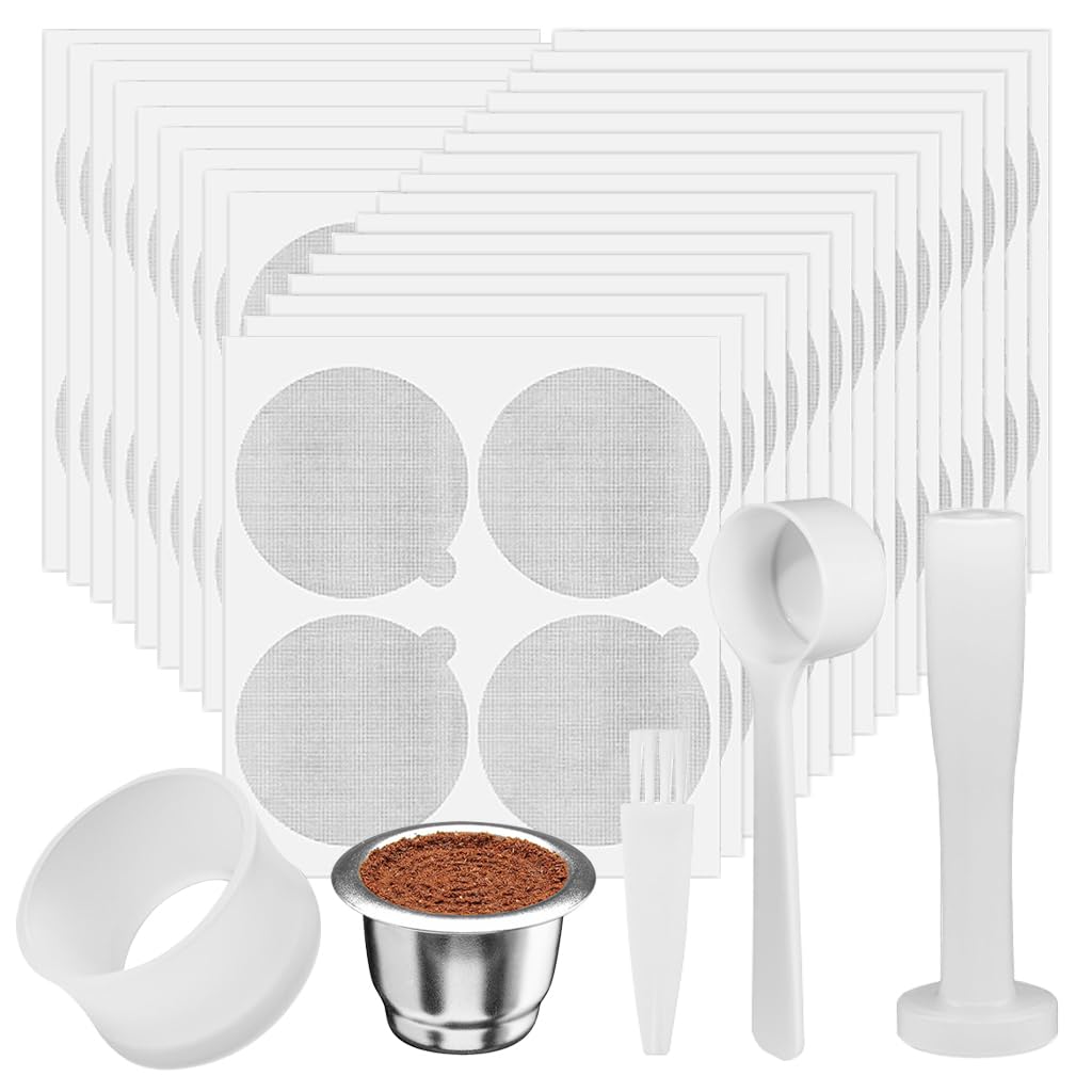 HASTHIP® Reusable Stainless Steel Coffee Capsule Pod Set with 100 Foil Lids, Coffee Tamper, PP Dosing Ring, Compatible Espresso Machine Accessories for Sustainable Brewing