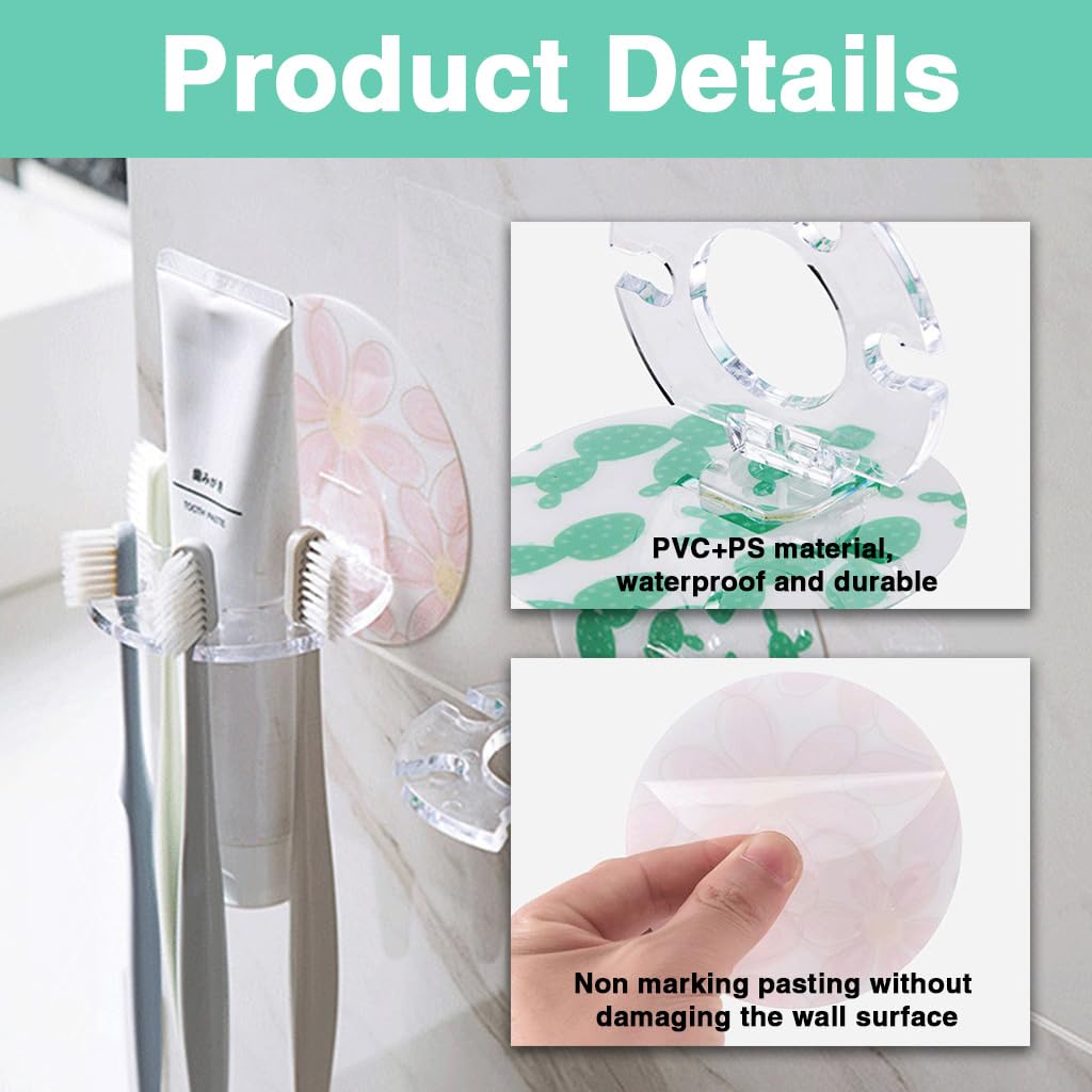 HASTHIP Wall Toothbrush Holder for Bathroom with 4 Slots and Central Toothpaste Organizer | Self-Adhesive Floral and Cactus Design Pack of 2