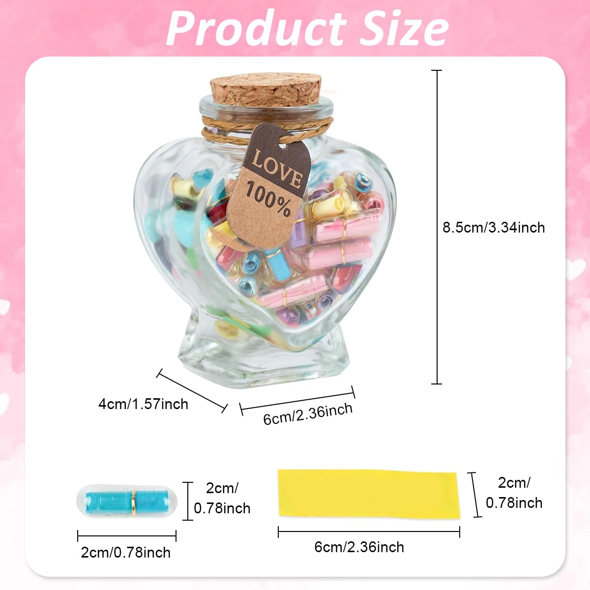 HASTHIP Message in a Bottle for Couples with 135 pcs Rolls and Heart Shaped Glass | Romantic Gift