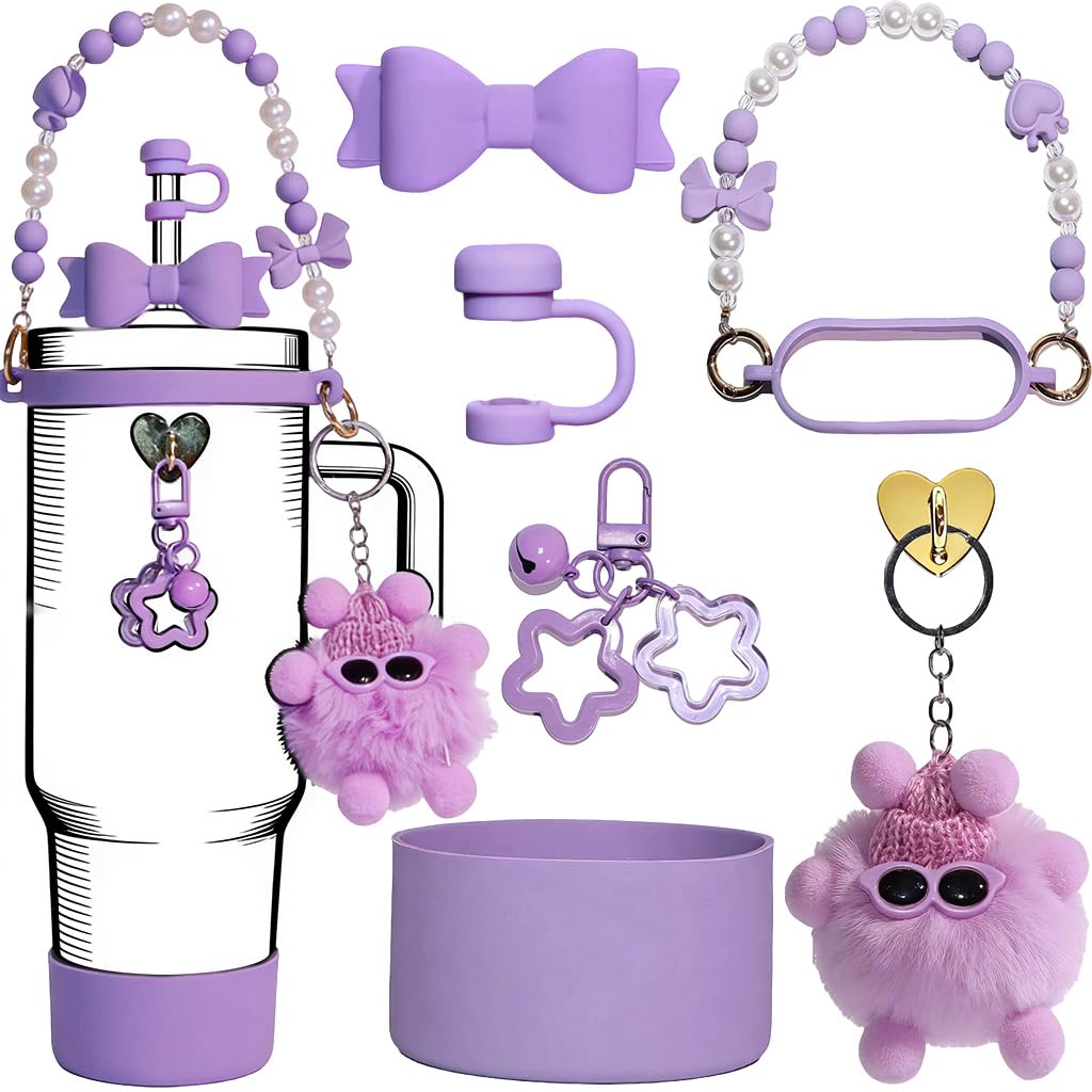 HASTHIP® Tumbler Cup Accessories Set for Stanley, 6Pcs Stylish Drinking Cup Accessories, Sweet Bow Beaded Cup Chain Handle, Bottom Sleeve Purple Bow Straw Charm, Straw Tip Cover, Cute Plush Charm