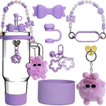 HASTHIP® Tumbler Cup Accessories Set for Stanley, 6Pcs Stylish Drinking Cup Accessories, Sweet Bow Beaded Cup Chain Handle, Bottom Sleeve Purple Bow Straw Charm, Straw Tip Cover, Cute Plush Charm
