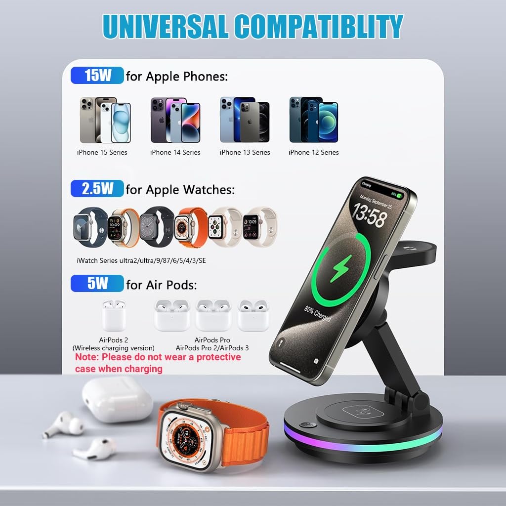 Magnetic Wireless Charger for iPhone 3 IN 1 Wireless Magentic Charger for iPhone, iWatch & Airpods Fashion Travel Folding Wireless Magentic Charger with Light