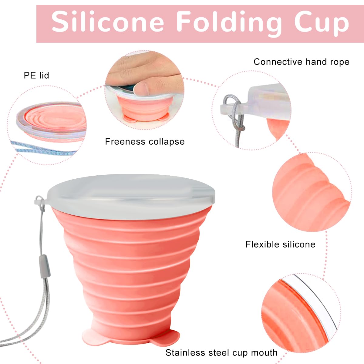 HASTHIP Collapsible Cup for Travel and Camping with Lids featuring 180 ml Silicone Design | Pink and Green 2 Pack