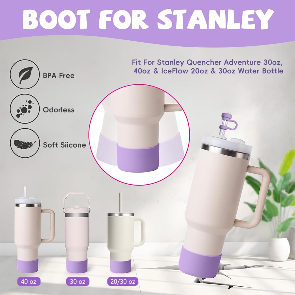 HASTHIP® Tumbler Cup Accessories Set for Stanley, 6Pcs Stylish Drinking Cup Accessories, Sweet Bow Beaded Cup Chain Handle, Bottom Sleeve Purple Bow Straw Charm, Straw Tip Cover, Cute Plush Charm