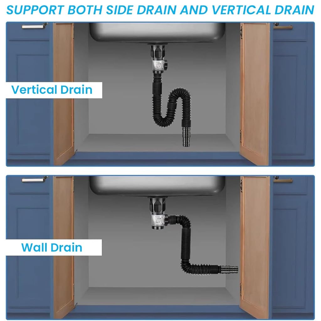HASTHIP® Sink Drain Kit with Flexible Expandable P-Trap Pipe Tube Anti-Odor Bathroom 3 in 1 Plumbing Fits for 3-4.5 cm Hole Kitchen Sewer 3PCS