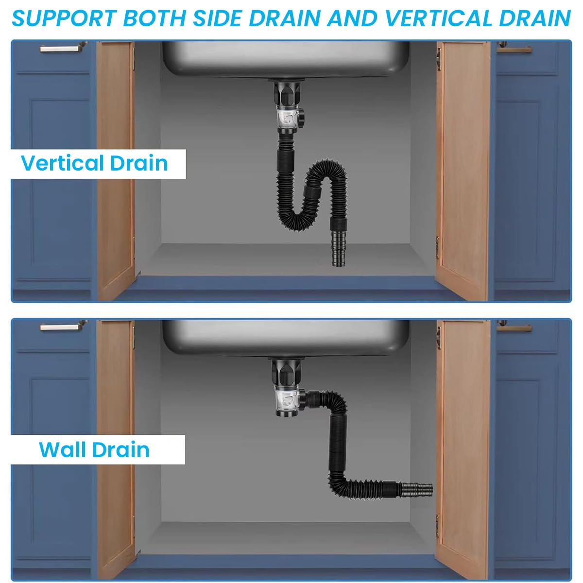 Sink Drain Kit with Flexible Expandable P-Trap Sink Drain Pipe Tube Anti-Odor Bathroom Sink Drain Pipe 3 in 1 Plumbing, Fits for 1-1/4'' & 1-1/2'' Drain Hole, For Kitchen Bathroom Sewer Drain