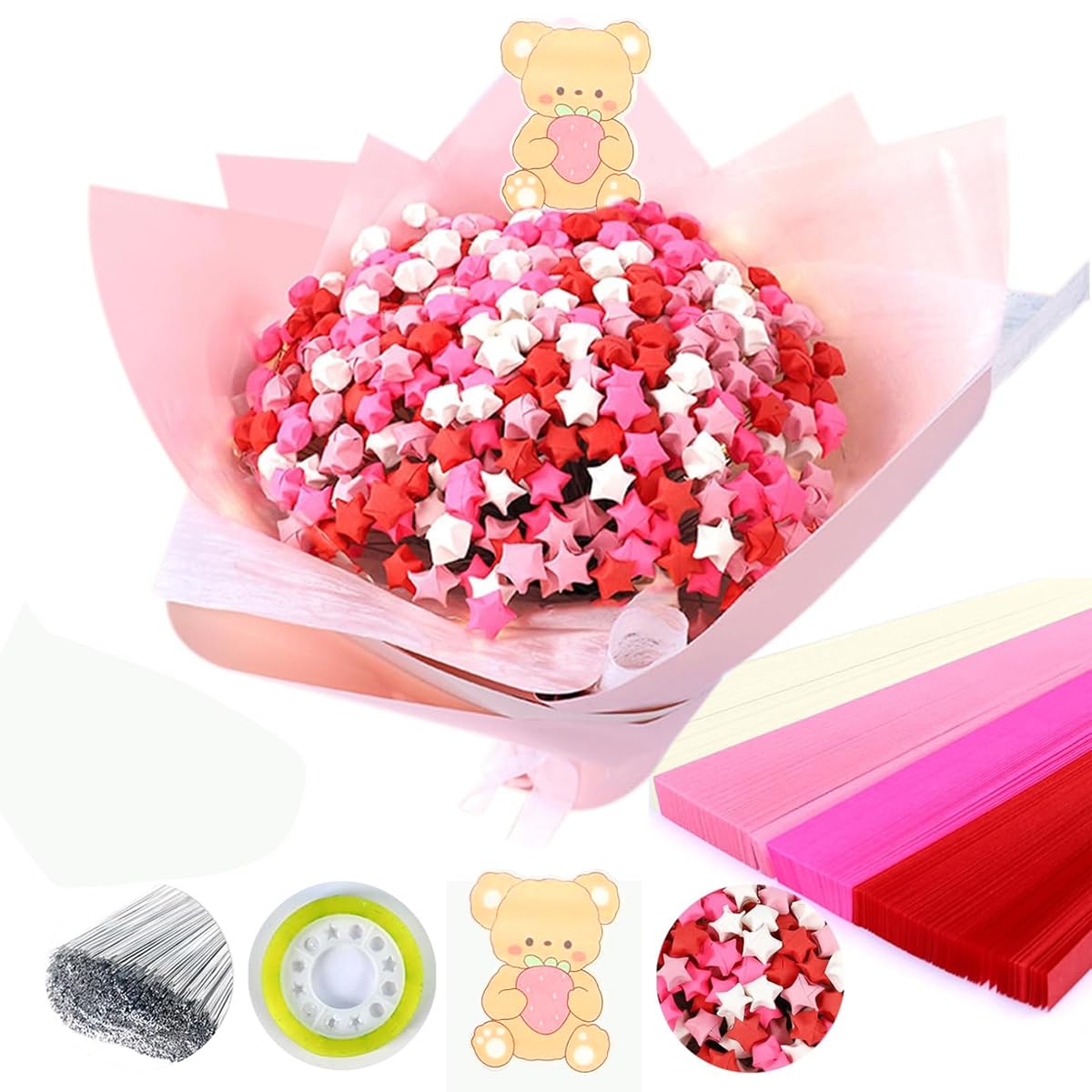 HASTHIP Origami Stars Bouquet Kit for DIY Gifts with 520 pcs Papers and Flexible Wires | Romantic Pink Craft Set