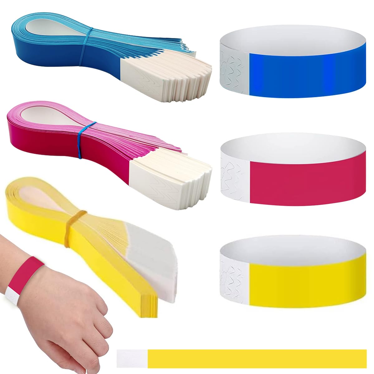 HASTHIP Paper Wristbands for Events with Self Adhesive Closure 300pcs | Red Yellow Blue