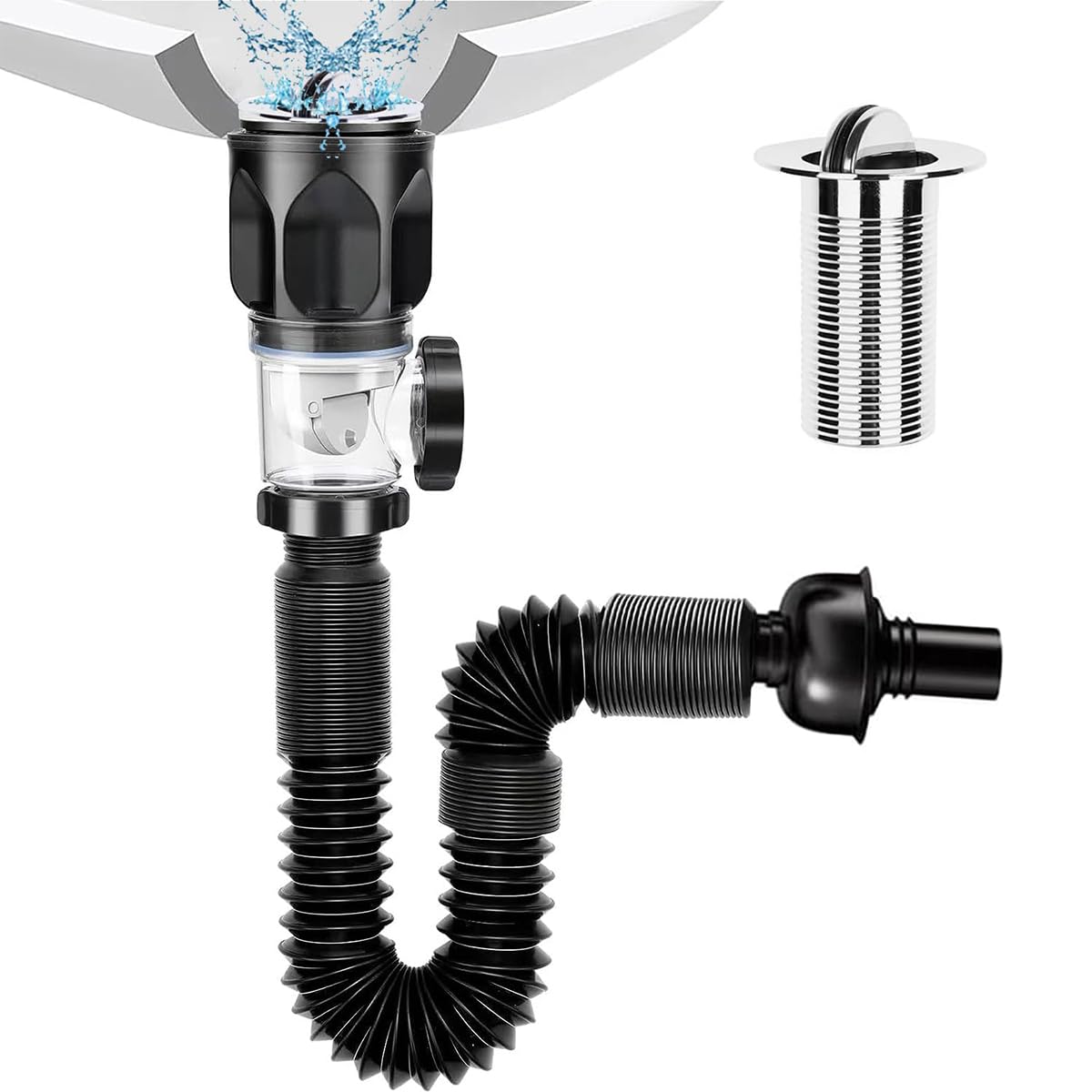 HASTHIP Sink Drain Kit for Bathroom or Kitchen with Flexible P Trap | Stainless Steel and ABS 3–4.5 cm Anti Odor Design