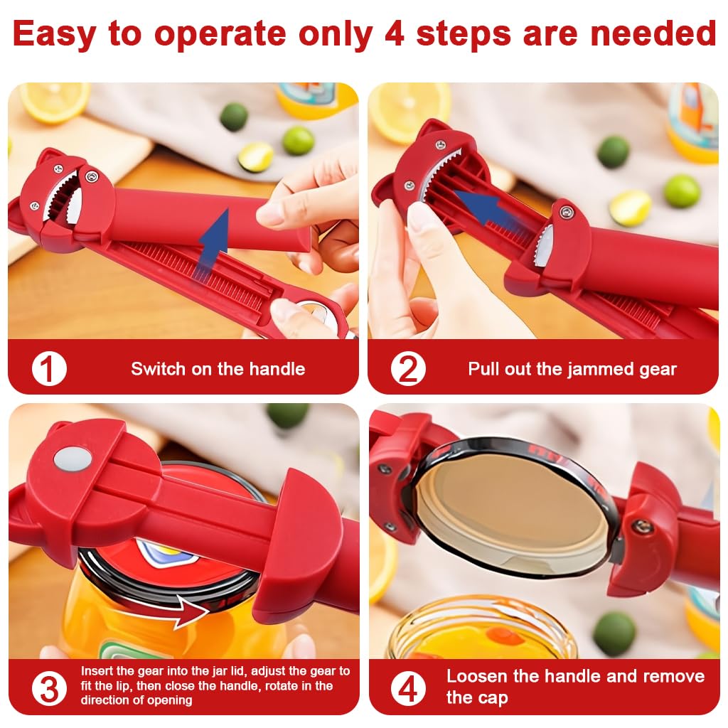 HASTHIP Retractable Multifunctional Can Opener with Adjustable Stainless Steel Cap Remover (Red)