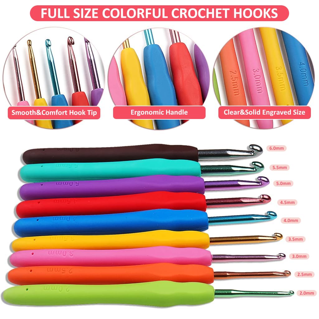 HASTHIP Crochet Hook Set for DIY Crafts with 9 Sizes and Soft Rubber Handles | Storage Bag