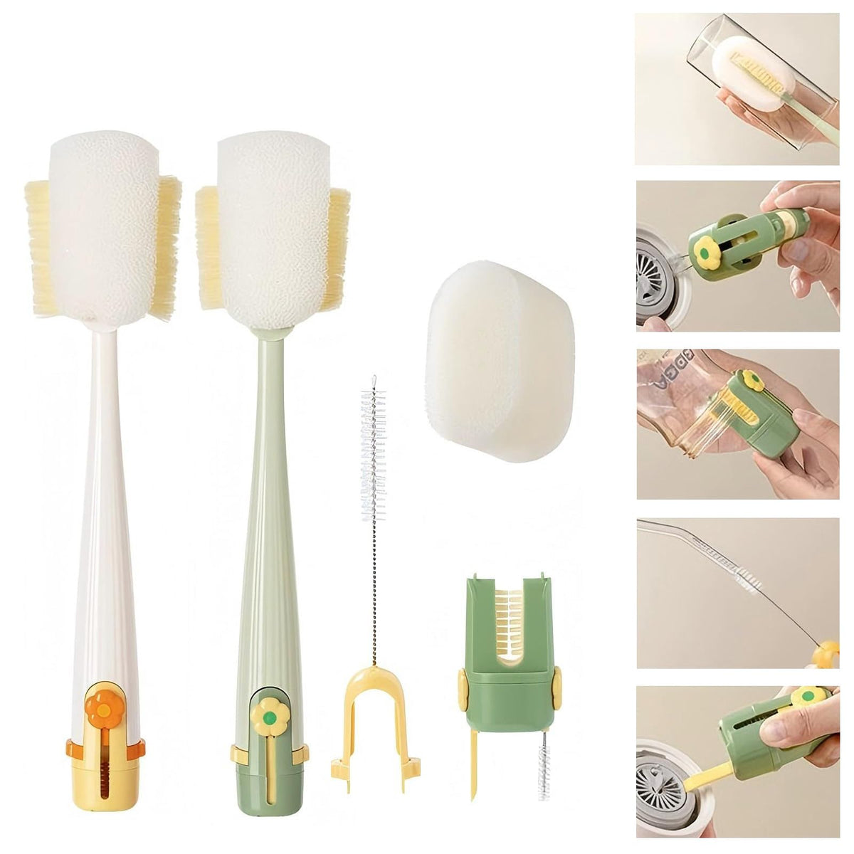 HASTHIP® Cepillos de Limpieza 5 en 1 Reutilizables, Juego Multifuncional para Botellas, Pajitas, Tapas, Tazas y Espacios Estrechos, Cepillos de Plástico sin BPA para Cocina, Viaje y Hogar