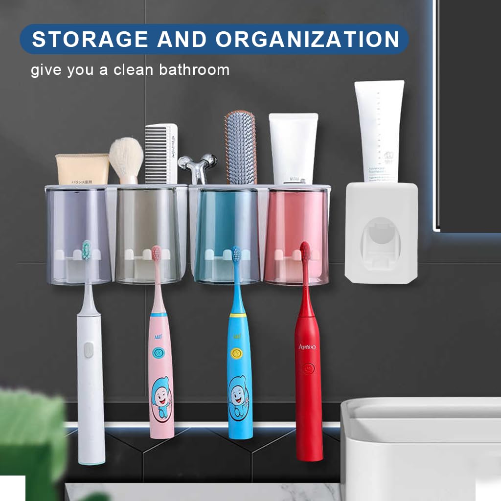 HASTHIP Toothbrush Holder with Toothpaste Dispenser and Adhesive Mount | Holds 4 Brushes & Cups for Family Bathroom Organization