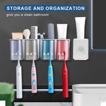 HASTHIP Toothbrush Holder with Toothpaste Dispenser and Adhesive Mount | Holds 4 Brushes & Cups for Family Bathroom Organization