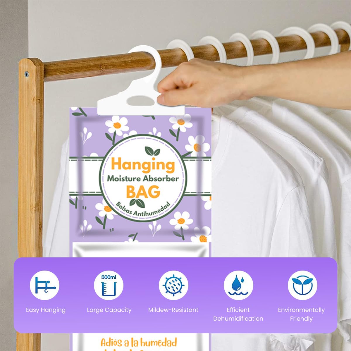 HASTHIP® 10 Pack 500ml Moisture Absorbers, Hanging Closet Dehumidifier Bags, Humidity Packs, Desiccant, Closet Dehumidifiers and Odor Eliminator for Fresher Air
