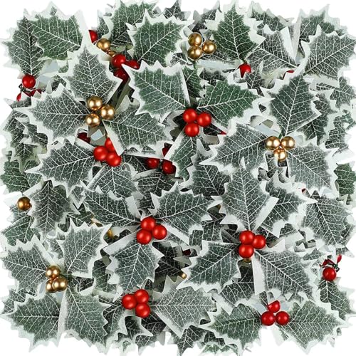 HASTHIP® 30Pcs Christmas Holly Berries with Green Leaves Christmas Decorations Gold and Red Artificial Holly Berries Hanging Christmas Ornaments for Xmas Tree, Garland Wreath, Home Decor