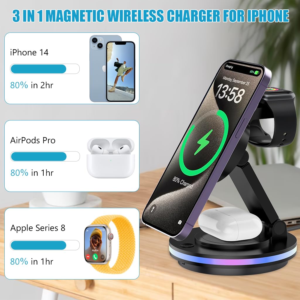 Magnetic Wireless Charger for iPhone 3 IN 1 Wireless Magentic Charger for iPhone, iWatch & Airpods Fashion Travel Folding Wireless Magentic Charger with Light