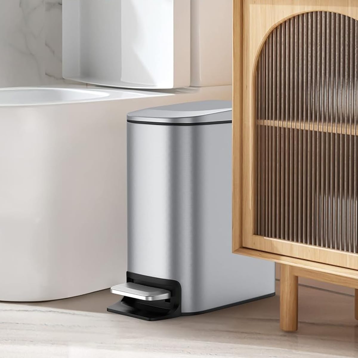 HASTHIP Slim Bathroom Trash Can for Small Spaces with Soft Close Pedal Lid 6 L Stainless Steel Bin