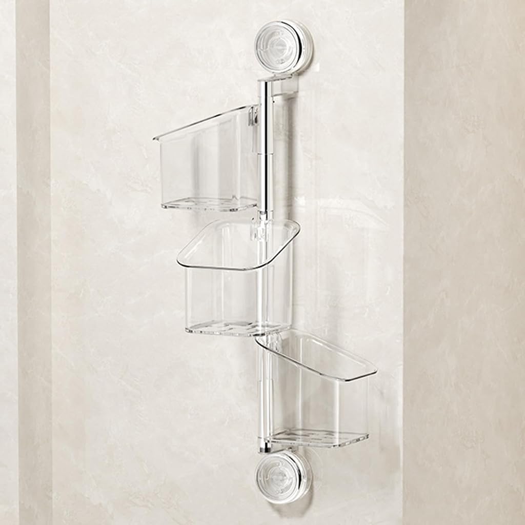 HASTHIP® Bathroom Organizer and Storage, 3-Tier Rotating Shower Shelf with Suction Cups, No Drilling Wall Mounted Transparent Rack for Toiletries, Qtip Holder, Cosmetics, Dorm and Small Spac
