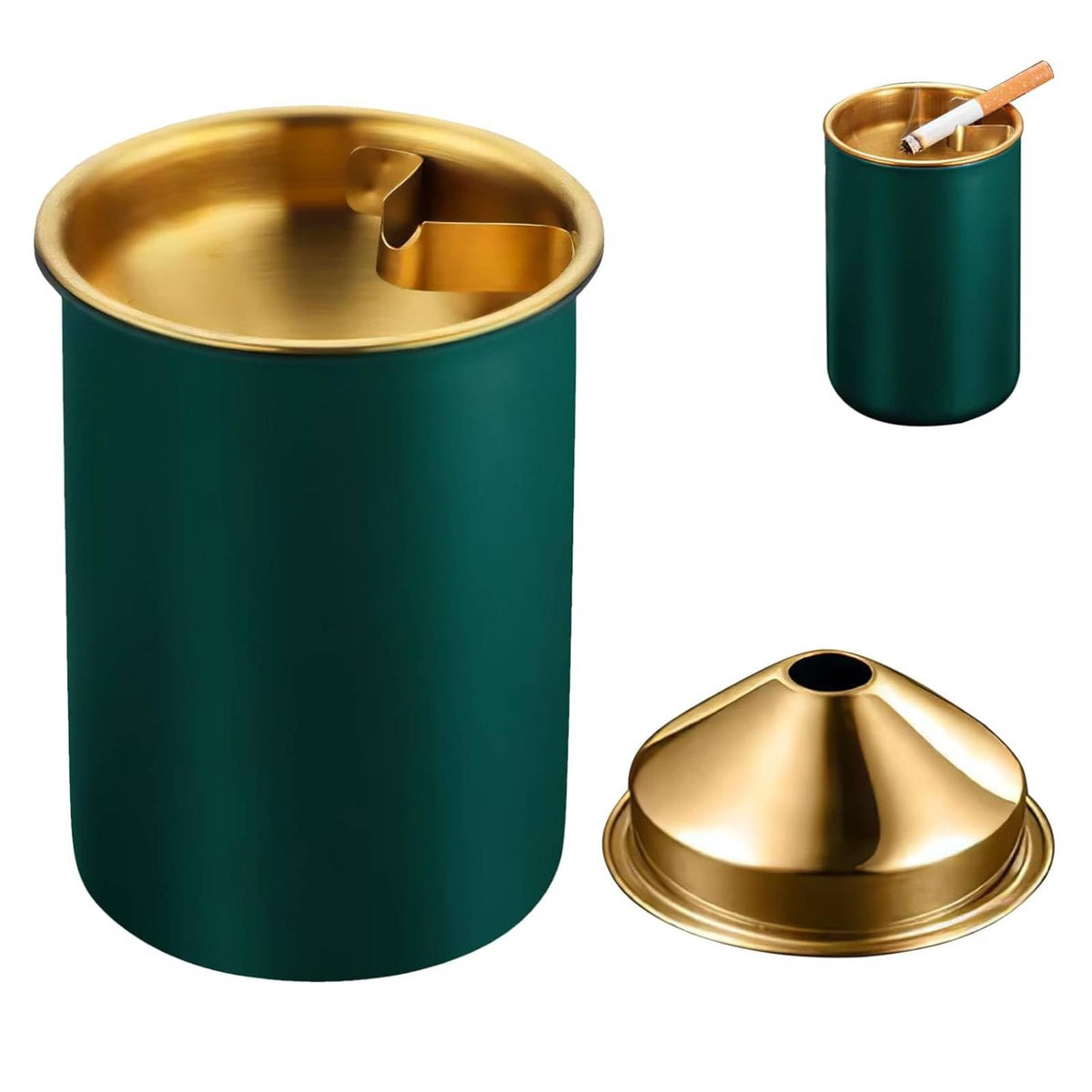 HASTHIP Stainless Steel Ashtray for Home Office and Car featuring Windproof Funnel Lid 3.9 in Green
