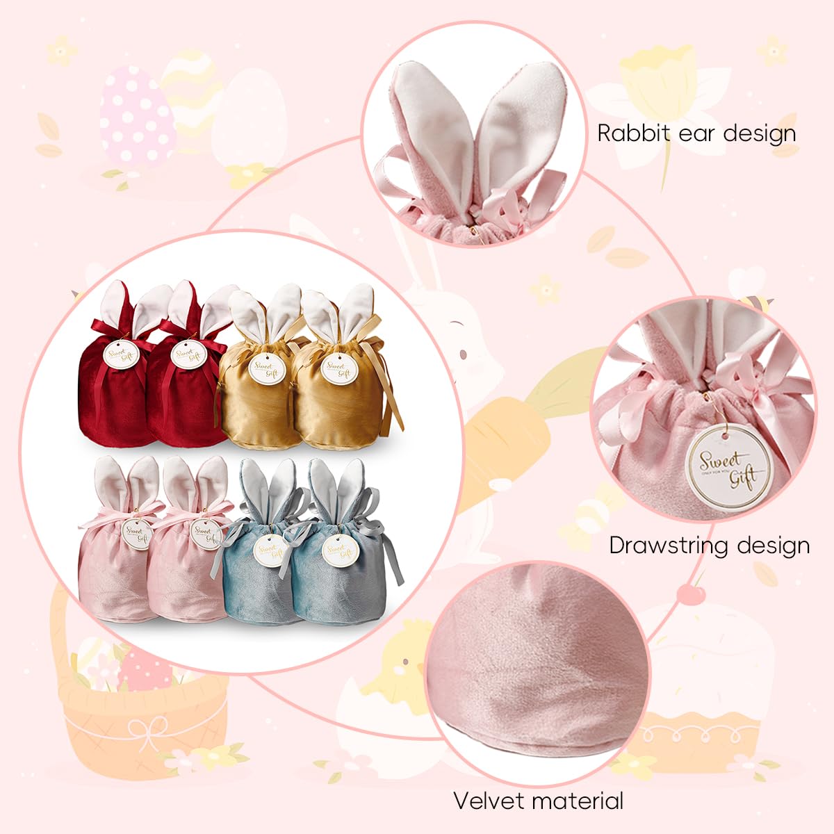 HASTHIP Gift Bags for Party Favors with 10x12.5cm Bunny Ear Drawstring | Soft Velvet Pouches