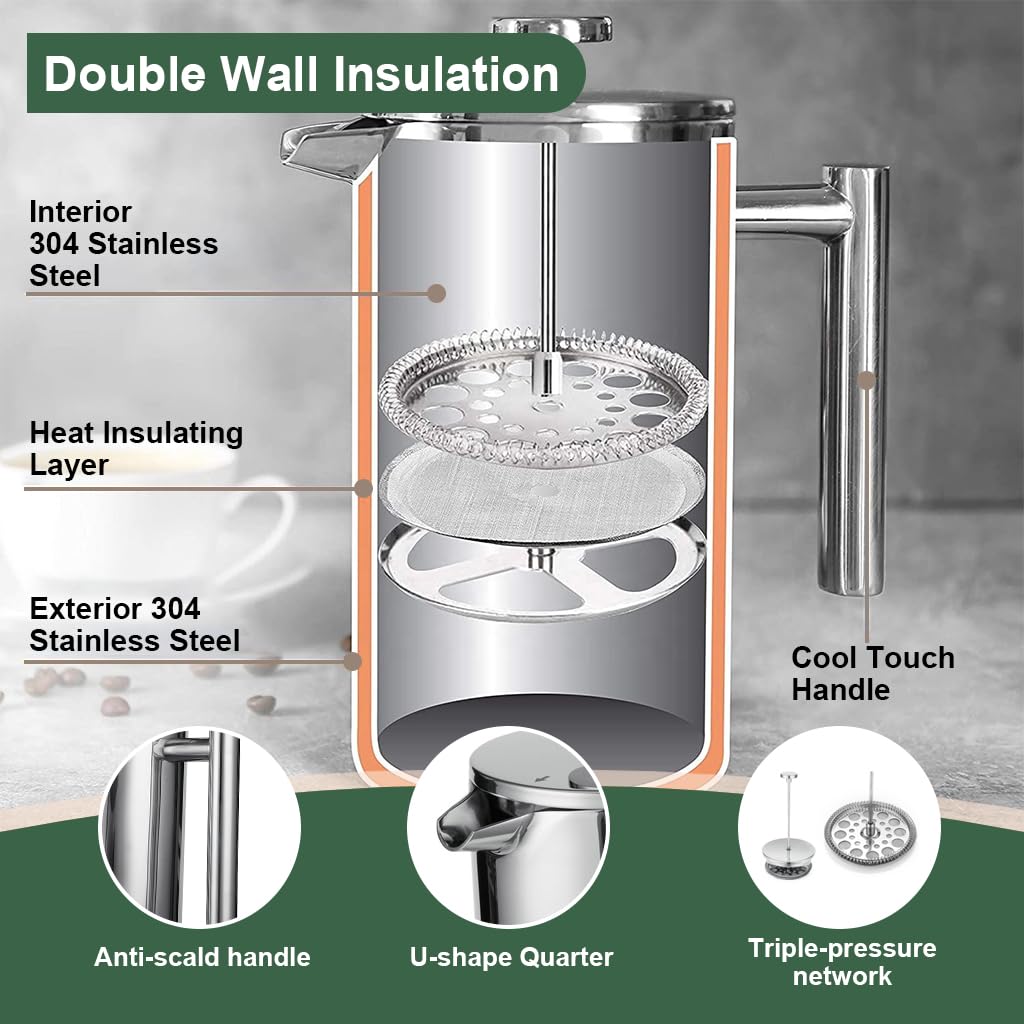 HASTHIP® French Press Coffee Maker, 800ML Metal Insulated Coffee Tea Makers