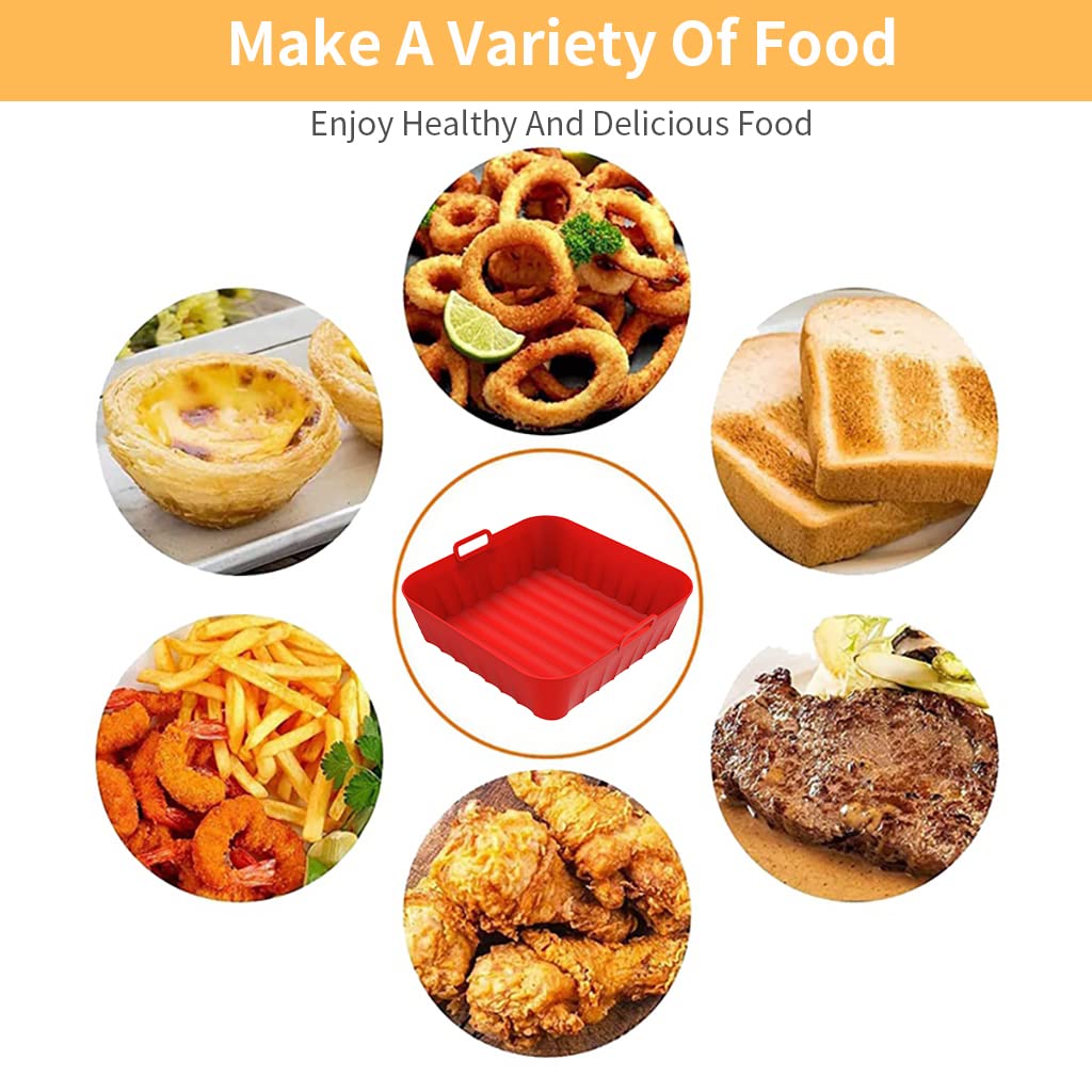 HASTHIP Air Fryer Silicone Baking Tray, 8.2 Inch Non-Stick Silicone Air Fryer Liners for 4-7QT, Reusable Square Air Fryer Oven Pot with Anti-Scalding Handles, Food Safe Air Fryers Accessories (Red)