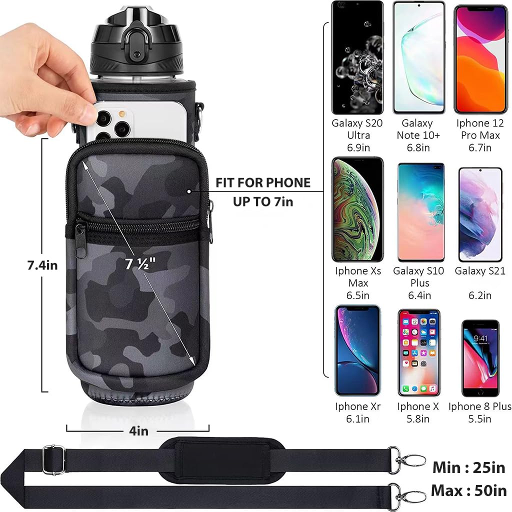 Water Bottle Carrier Bag with Pocket for Stanley 40 OZ Tumbler with Adjustable Shoulder Strap, Sports Water Bottle Accessories Accessories for Hiking Travelling Camping, Black