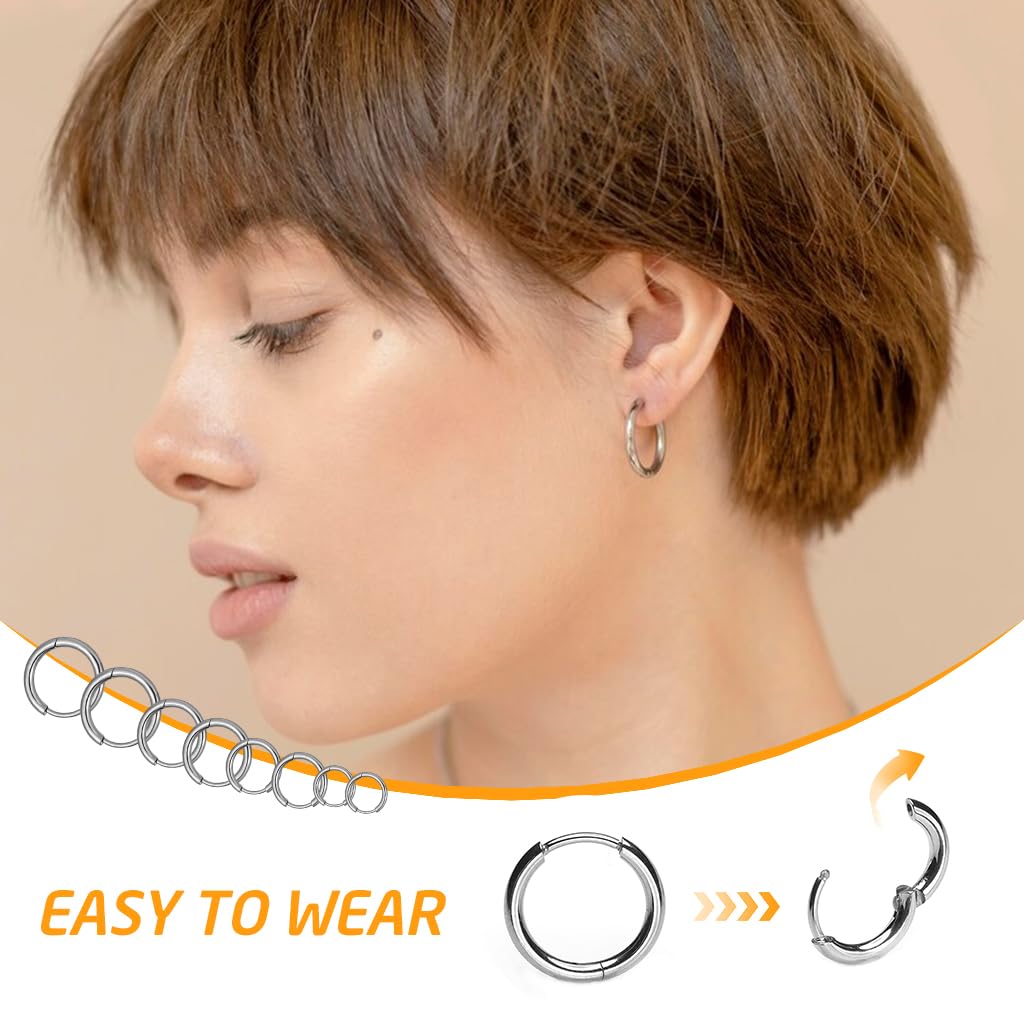 HASTHIP® Aretes de Aro de Acero Inoxidable para Mujer y Hombre,4 Pares Pendientes Pequeños 8mm 10mm 12mm 14mm,Hipoalergénicos Moda Clásica para Fiesta Diario y Regalo - Color Plata