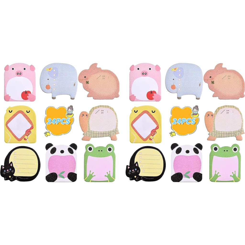 HASTHIP Sticky Notes for School and Office featuring 24 Packs 8 Cartoon Animal Designs | Self-Adhesive Removable Pads for Kids and Adults