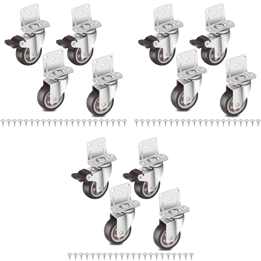 HASTHIP L Shaped Caster Wheels for Furniture with Brakes 12PCS 1 Inch 360° Swivel | Soft Rubber Silent Design