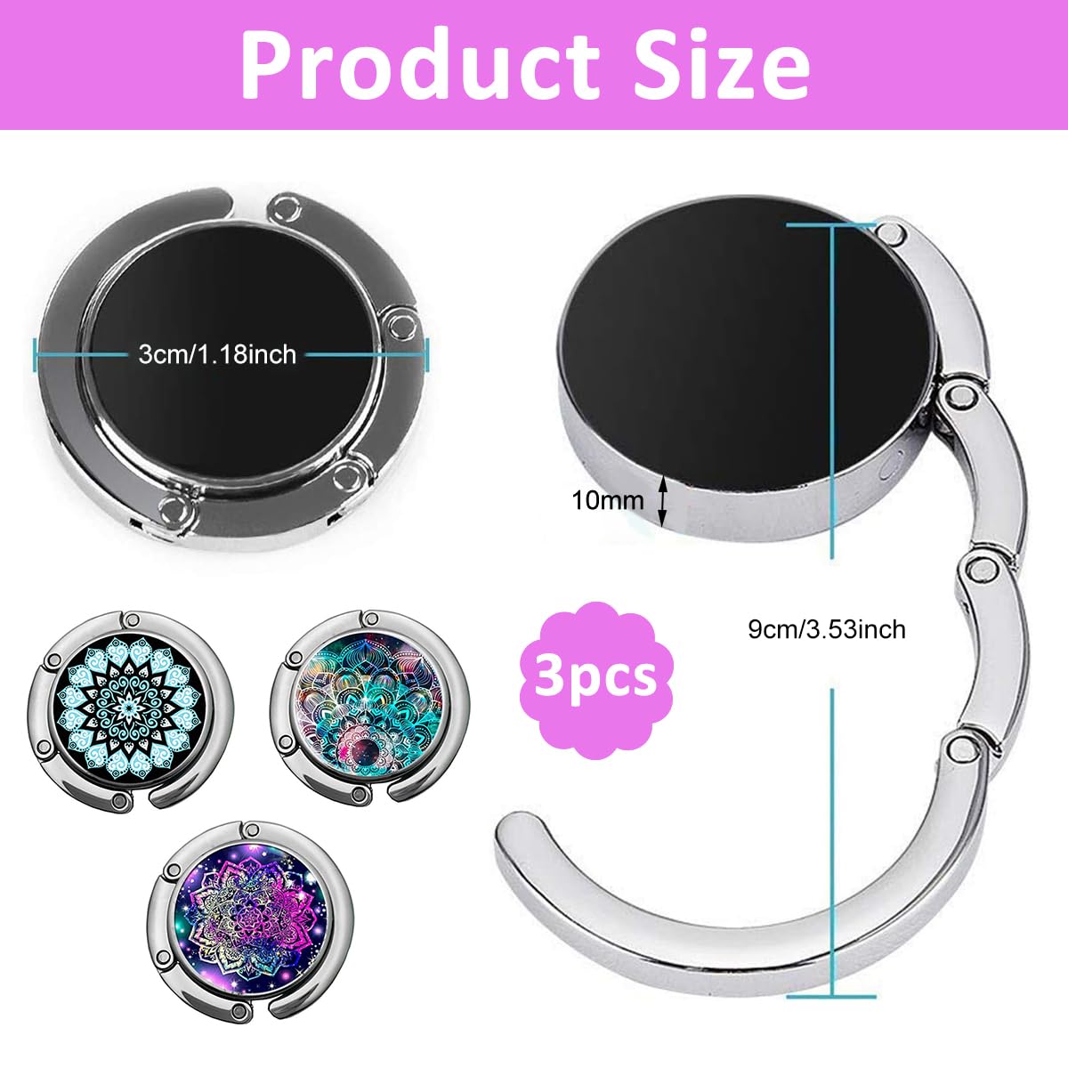 HASTHIP® 3Pcs Desk Bag Hanger Aesthetic Mandala Metal Bag Hanger Portable Folding Bag Ring Hanger for Table, Office Desk Aluminum Alloy Removable Hooks for Bags, Handbag, Backpack