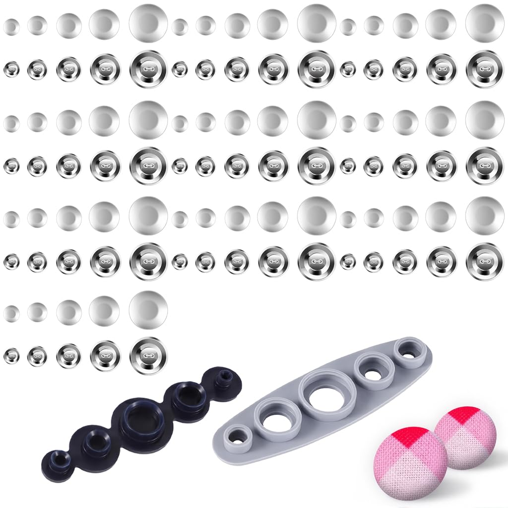 HASTHIP DIY Metal Fabric Covered Button Kit with Silicone Mold Tool 50 Sets for Sewing Crafts