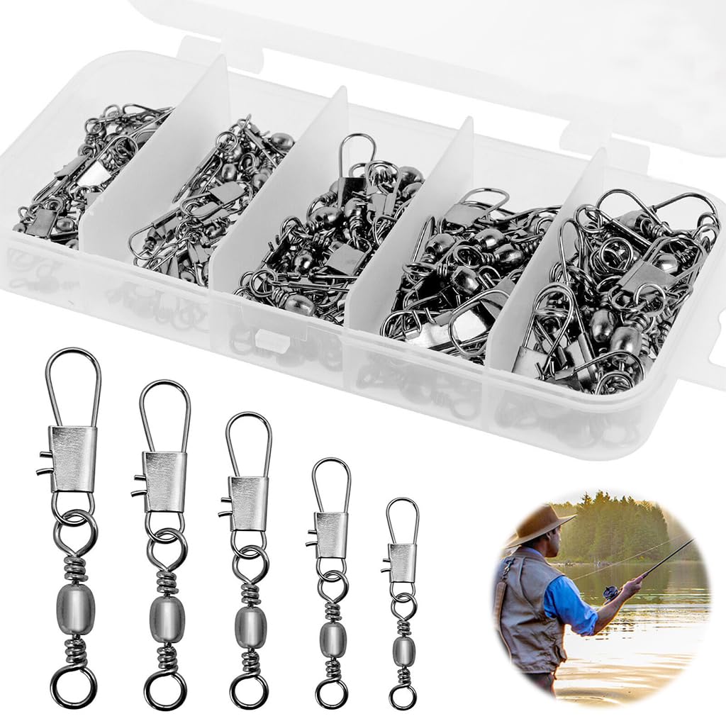 HASTHIP® 50Pcs Giratorios de Pesca con Rodamiento de Bolas y Cierre Seguridad,Conector Pesca Acero Inoxidable,Antienredo Accesorios Resistentes a la Corrosión 5 Tamaños con Caja