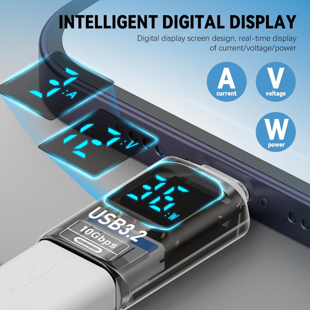 USB C to USB Adapter with Digital Display Voltage Current Power Meters, 10Gbps USB C