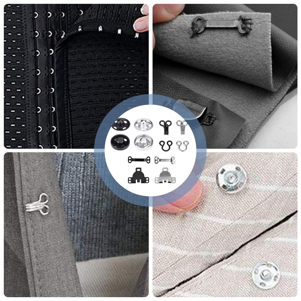 HASTHIP Hook and Eye Sewing Button Kits for Garments with 50 Pairs and 3 Styles | Black and Silver Closures