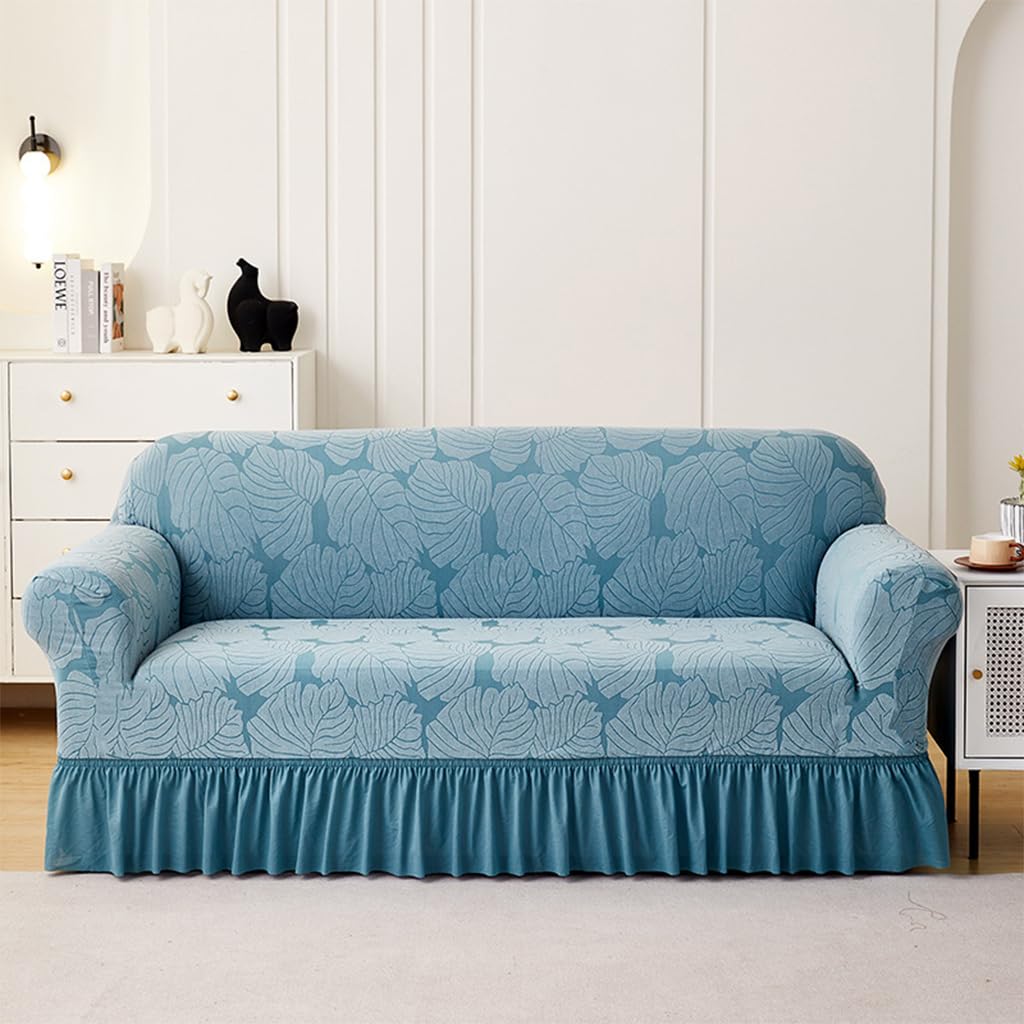 1PC Stretch Sofa Slipcover Couch Sofa Covers Washable Furniture Protector Full Sofa Bed Cover with Elastic Bottom and Skirt for Living Room, Light Blue (190-230cm)