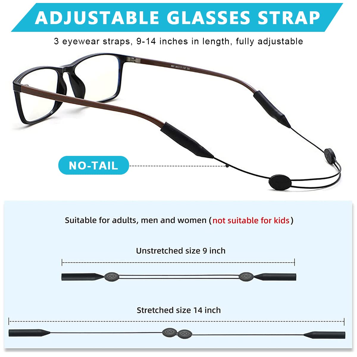 3pcs Adjustable Eyeglasses Straps, Anti-Slip No Tail Glasses Strap Retainer, Sports Sunglasses Strap, Silicone Eyewear String Holder Chain for Women Men Boy Girl