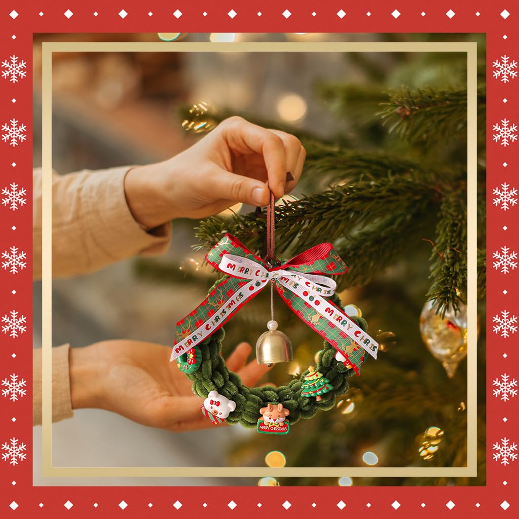 HASTHIP Christmas Wreath for Door and Window with Bell Ornaments and Ribbon Bow | Handmade Pipe Cleaner Holiday Garland Decor