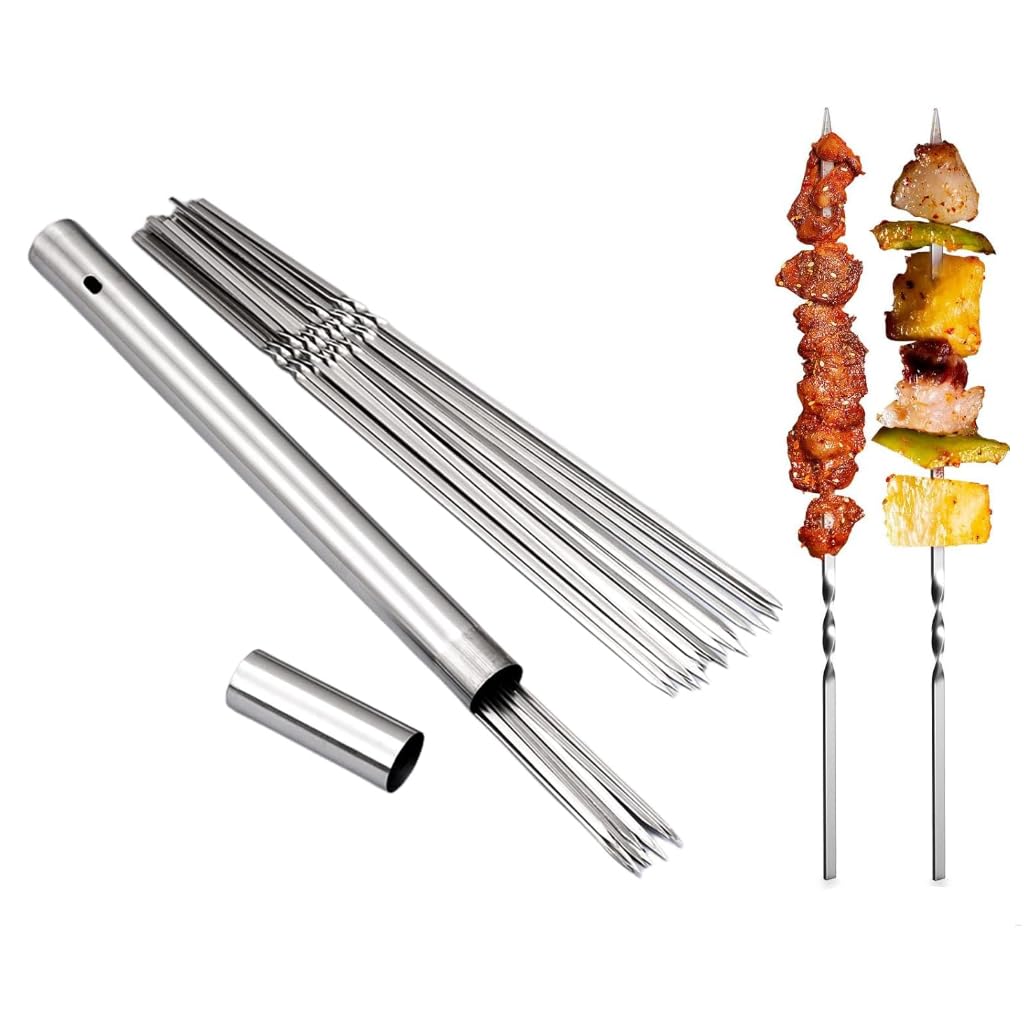 HASTHIP Kebab Skewers 50 pcs 11.8 in for BBQ and Grilling with Flat Arrow Tips | Stainless Steel Set with Storage Tube