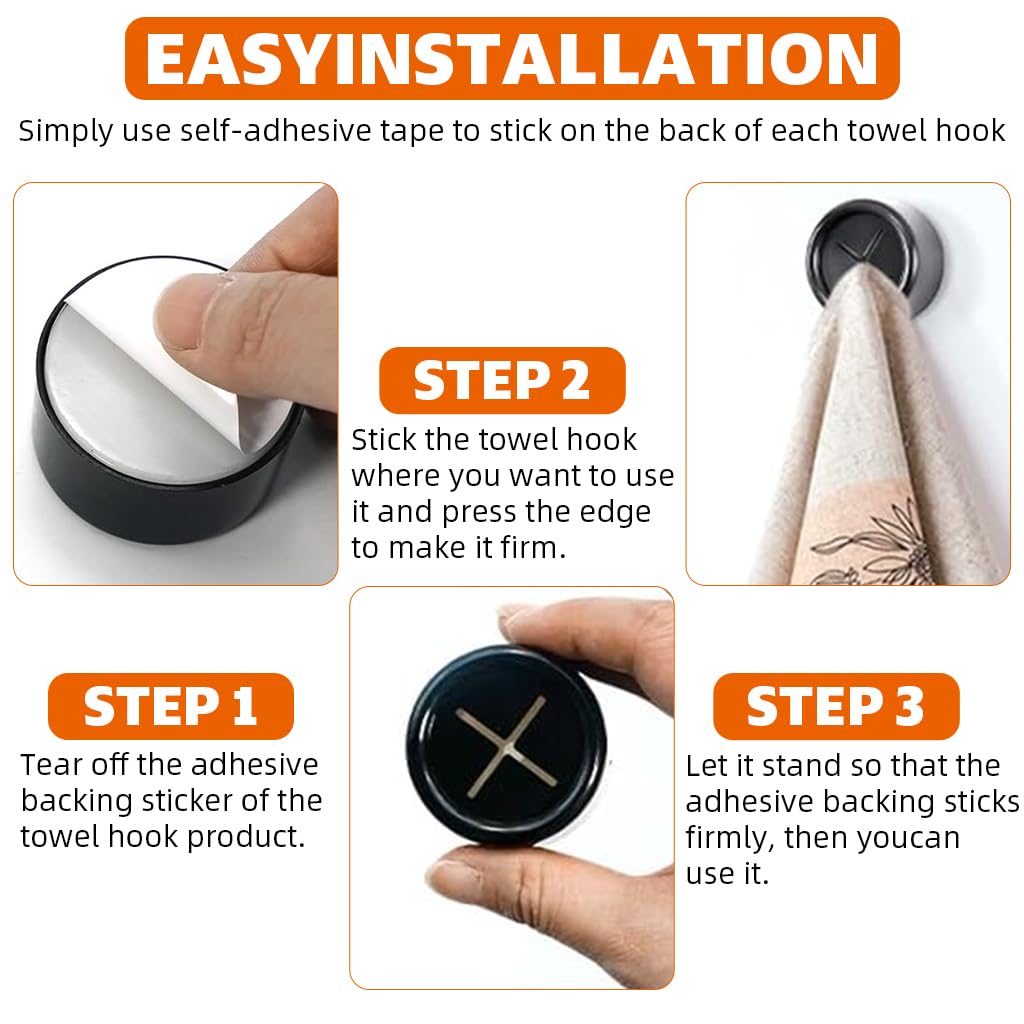 HASTHIP Wall Towel Holders for Kitchen and Bathroom featuring Push-in Snap Mechanism | 4Pcs 1.6 in Round Self Adhesive Cotton Black Set