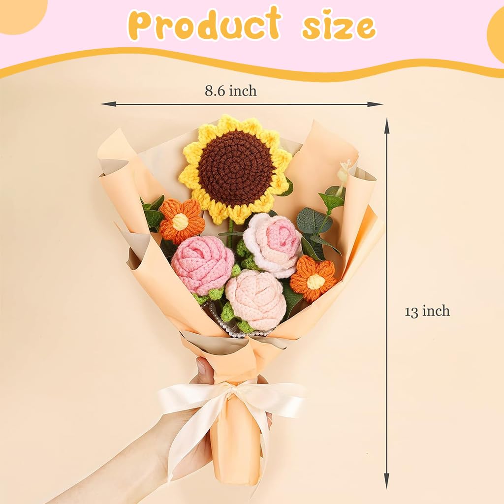 HASTHIP Crochet Flower Bouquet for Desk Decoration with 6 Fabric Sunflowers and Roses | Box Gift for Women