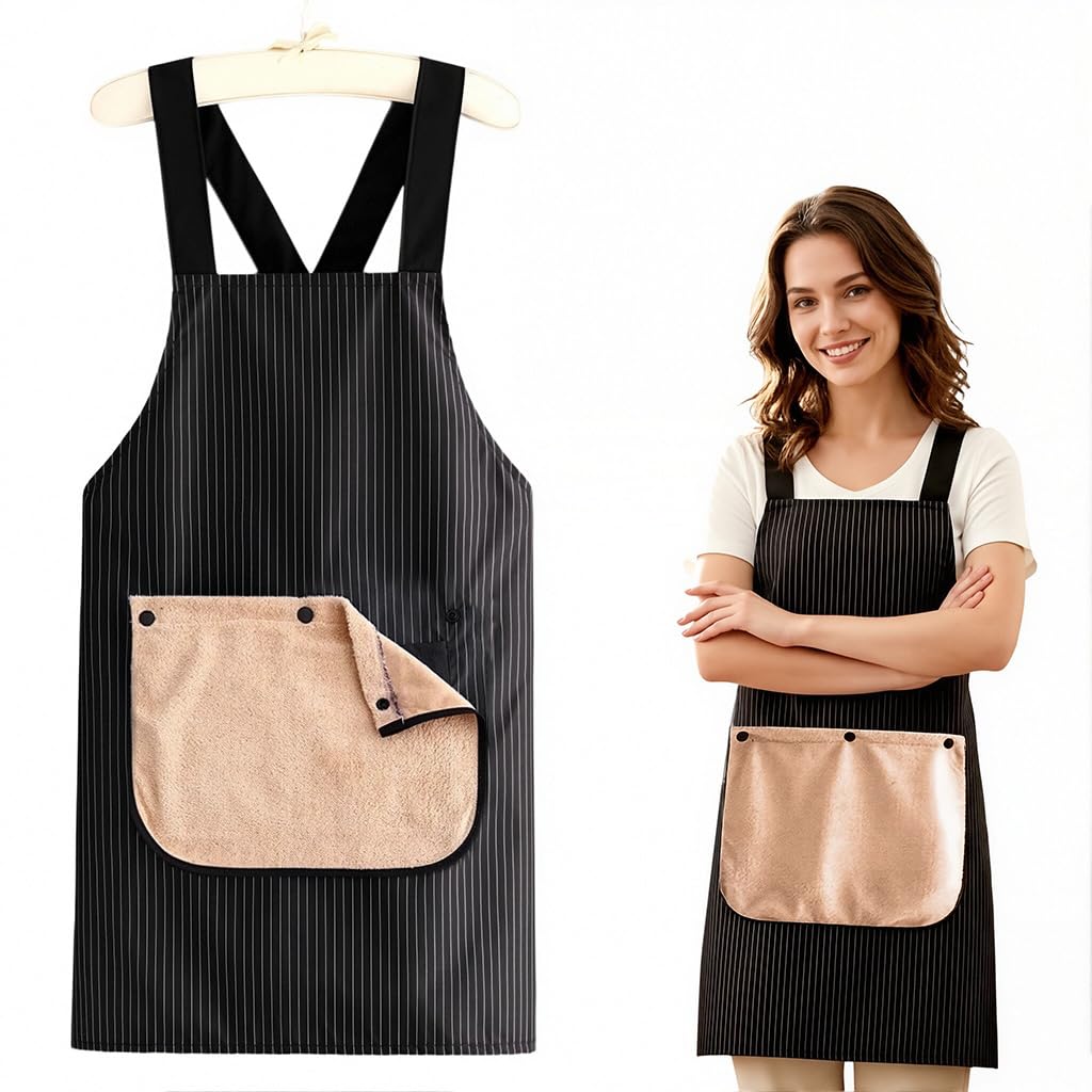 HASTHIP® Kitchen Striped Apron with Detachable Hand Towel, Cross Back Slip-on Cooking Apron with Front Pocket, Waterproof Polyester Home Baking BBQ Cleaning Apron
