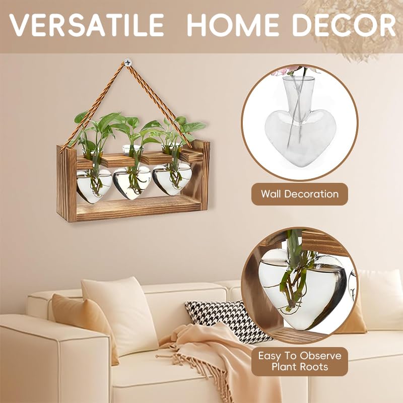 HASTHIP Hydroponic Glass Vase Kit for Desktop Decor with 3 Heart Planters & Wooden Stand